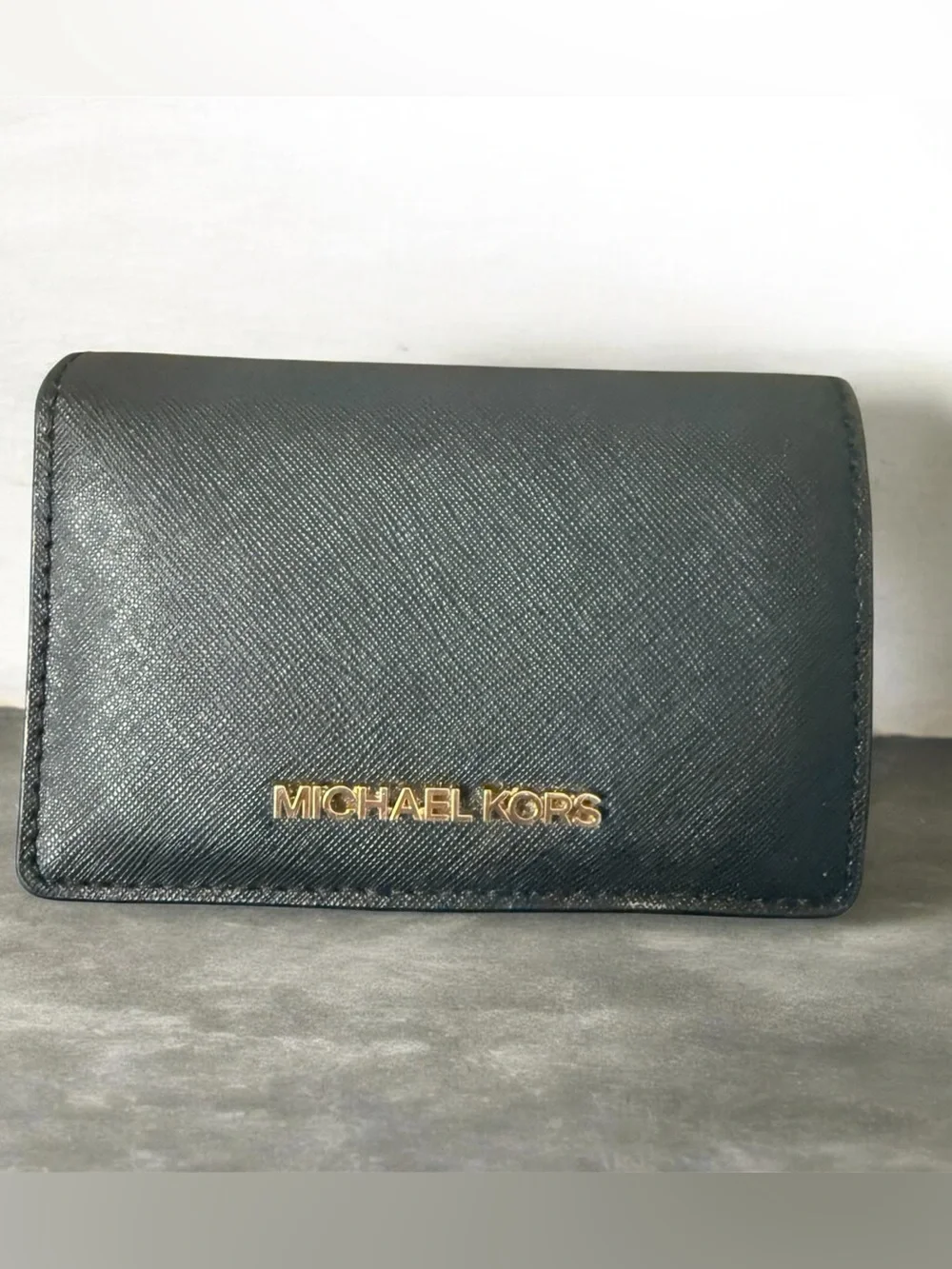 Michael Kors Black Leather Folding Wallet with Gold Logo